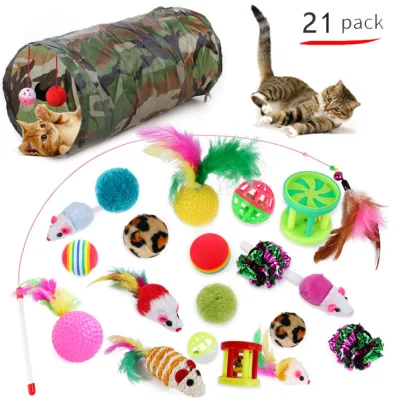 Suprimentos para animais de estimação de venda imperdível da Amazon Variedade de conjuntos de brinquedos engraçados para gatos 21 peças para brincar de brinquedos de penas para gatos túnel bola acessórios para animais de estimação